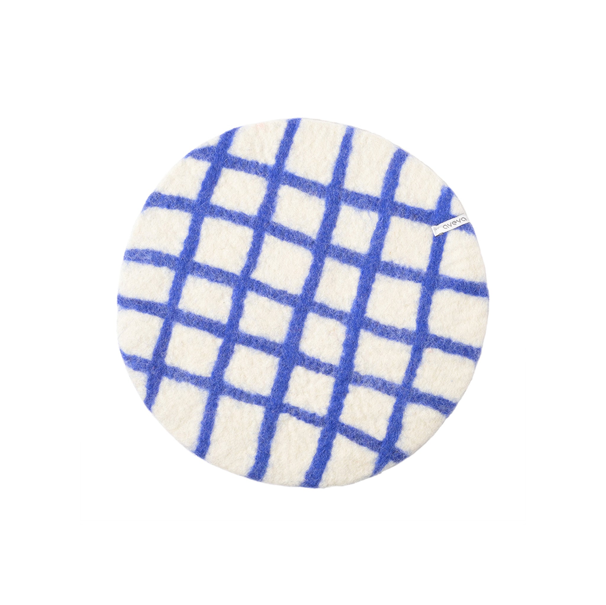 Aveva Seat Cushion in wool felt, available in raw grey or graphic patterns. Round portable chair pads in two sizes, designed in Sweden.