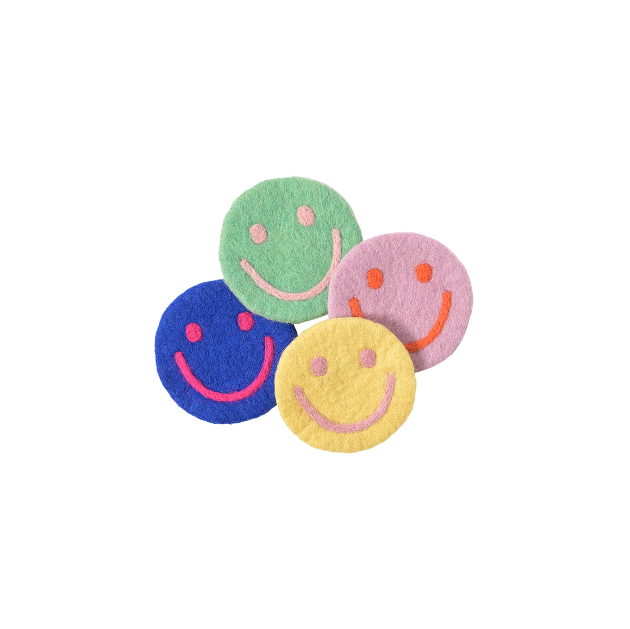 Set of 4 Aveva Design Smiley Coasters, handmade in 100% wool with naturally dyed smiley faces, designed in Sweden and crafted in Nepal.
