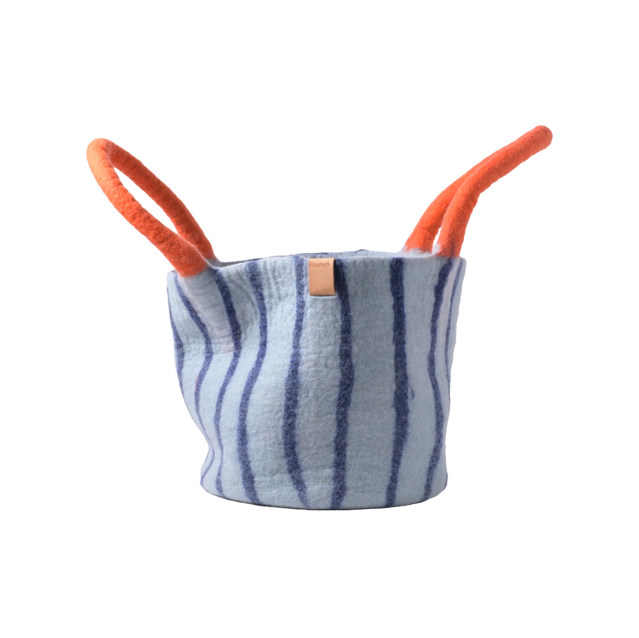 Aveva Design Wool Basket, handmade in Nepal from 100% wool with Swedish leather tag. Round handled basket for storing blankets, toys, or firewood.