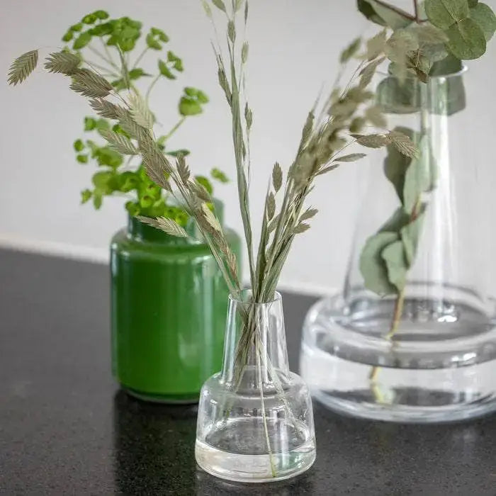 Holmegaard Flora Long Neck H12 glass vase, 4.7-inch mouth-blown design with long neck and spacious base by Louise Campbell.