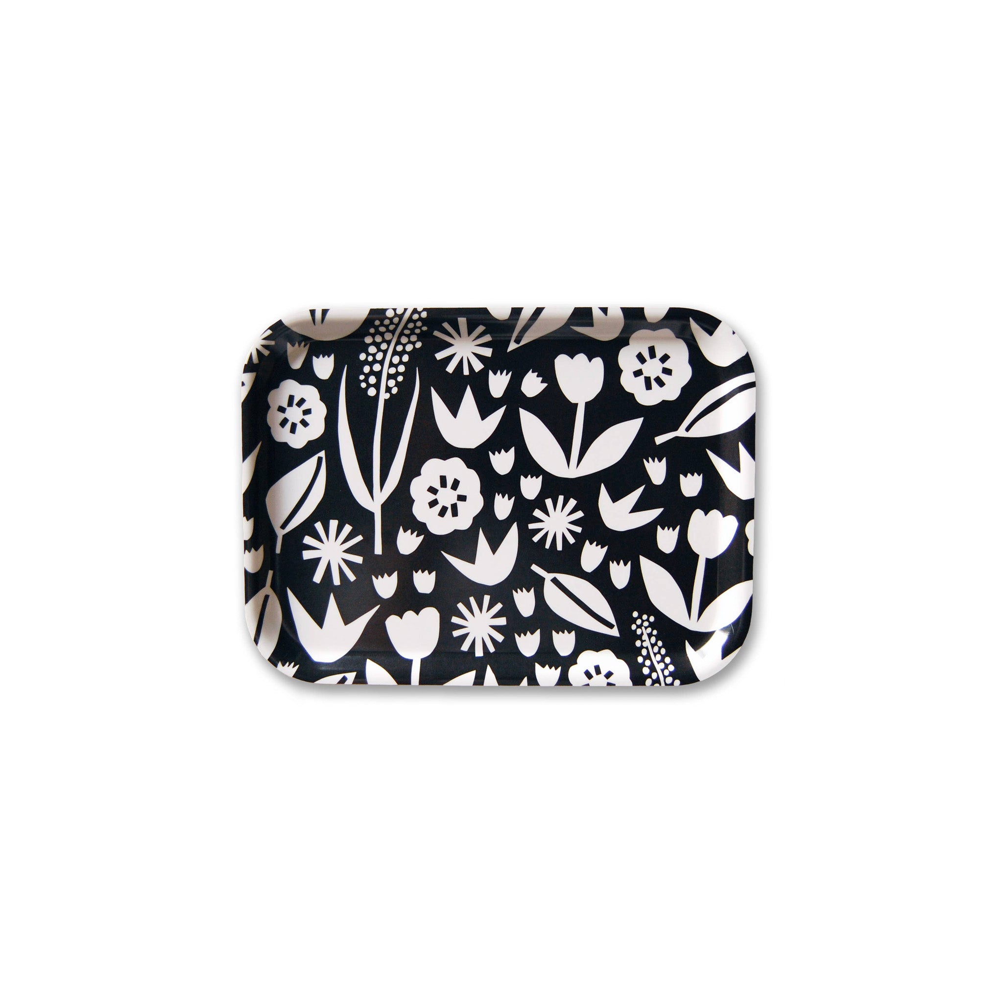 Badger & Birch June Birch Tray, 20 × 27 cm, black-and-white floral design in FSC-certified birch. Handmade in Sweden.