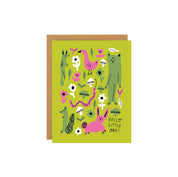 Badger & Burke Little Critters Card featuring whimsical illustrated animals and flowers in pink, green, and white on a lime green background with “Hello Little One!” text.