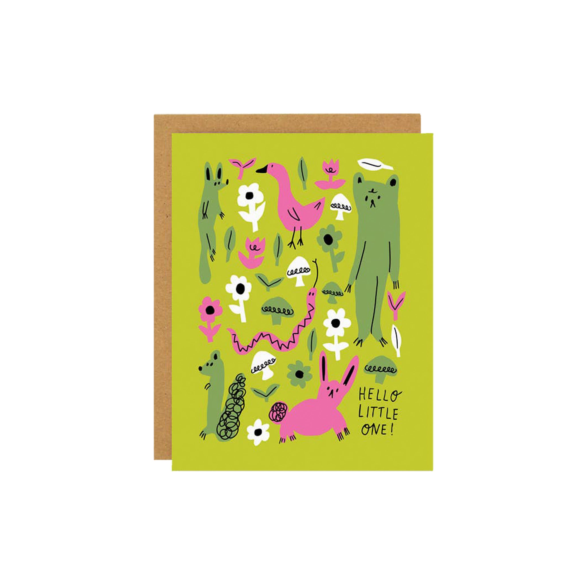 Badger & Burke Little Critters Card featuring whimsical illustrated animals and flowers in pink, green, and white on a lime green background with “Hello Little One!” text.