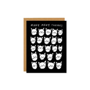 Badger & Burke Many Many Thanks Card featuring rows of white cat faces on a black background with “Many Many Thanks” text at the top.