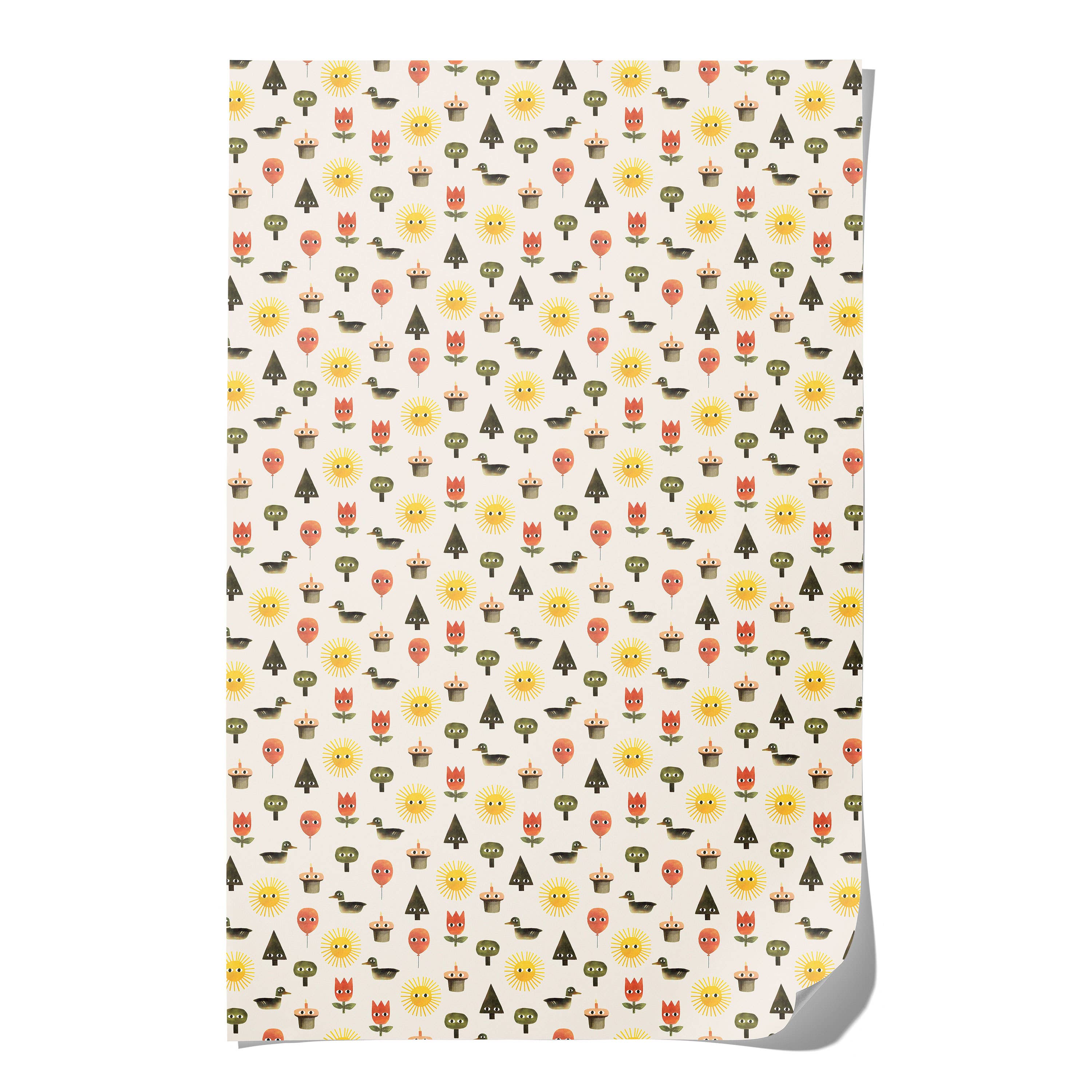 Red Cap Cards For You Gift Wrap, illustrated by Jon Klassen. Gift wrap with quirky trees, flowers, and balloons with eyes. Recycled paper, set of 3 rolled sheets, 19 × 27 inches.