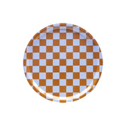 Blu Kat Checker Round Serving Tray, 31 cm, in caramel and lavender check pattern. FSC-certified birch veneer, handcrafted in Sweden.
