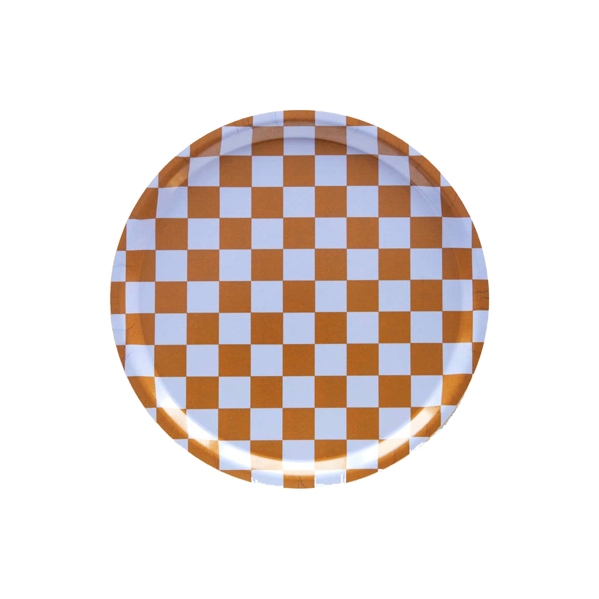 Blu Kat Checker Round Serving Tray, 31 cm, in caramel and lavender check pattern. FSC-certified birch veneer, handcrafted in Sweden.