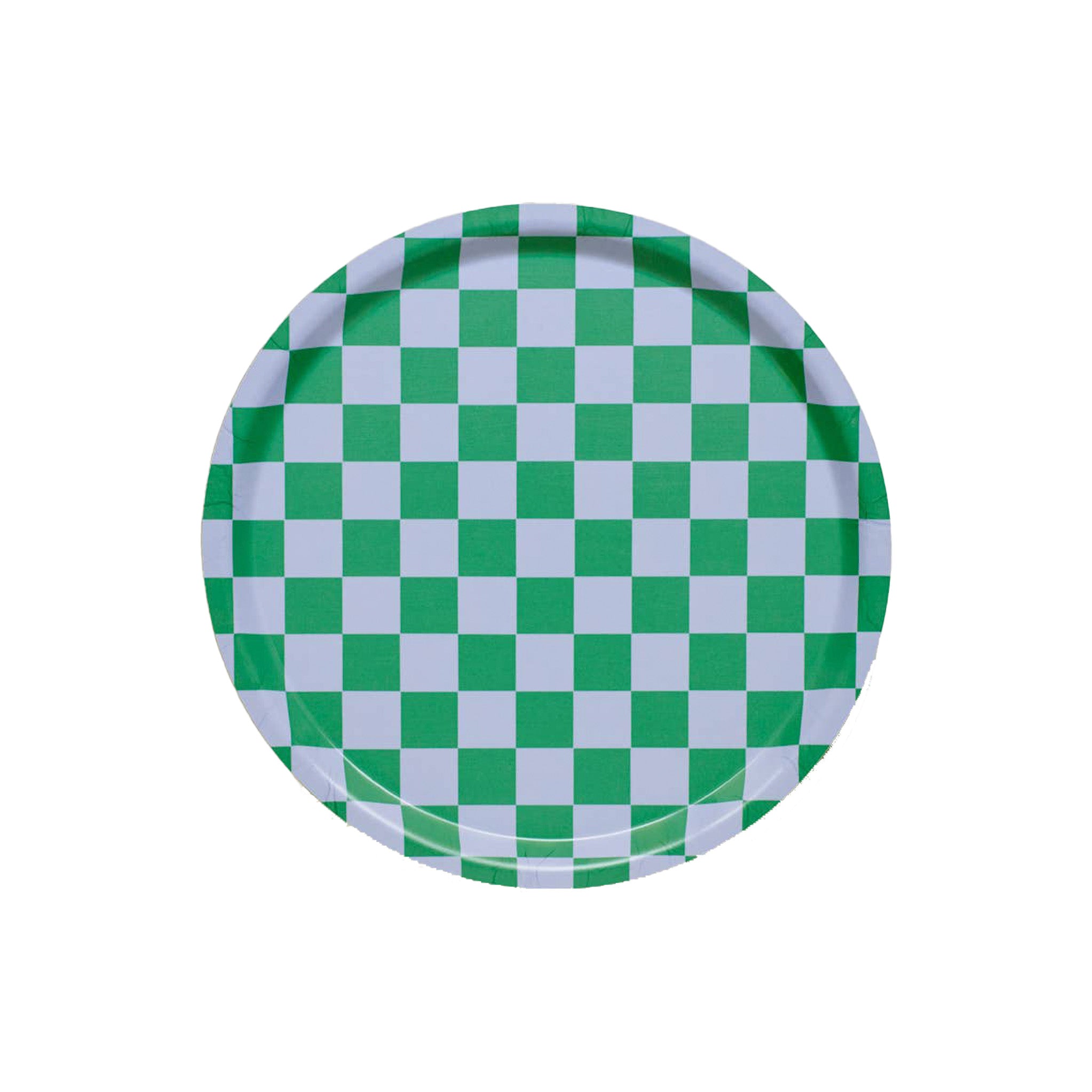 Blu Kat Checker Round Serving Tray, 31 cm, in grass green and sky blue check pattern. FSC-certified birch veneer, handcrafted in Sweden.