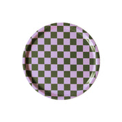 Blu Kat Checker Serving Tray in lilac and olive check pattern, available in two sizes (27 × 20 cm or 31 cm round). FSC-certified birch veneer, handcrafted in Sweden.