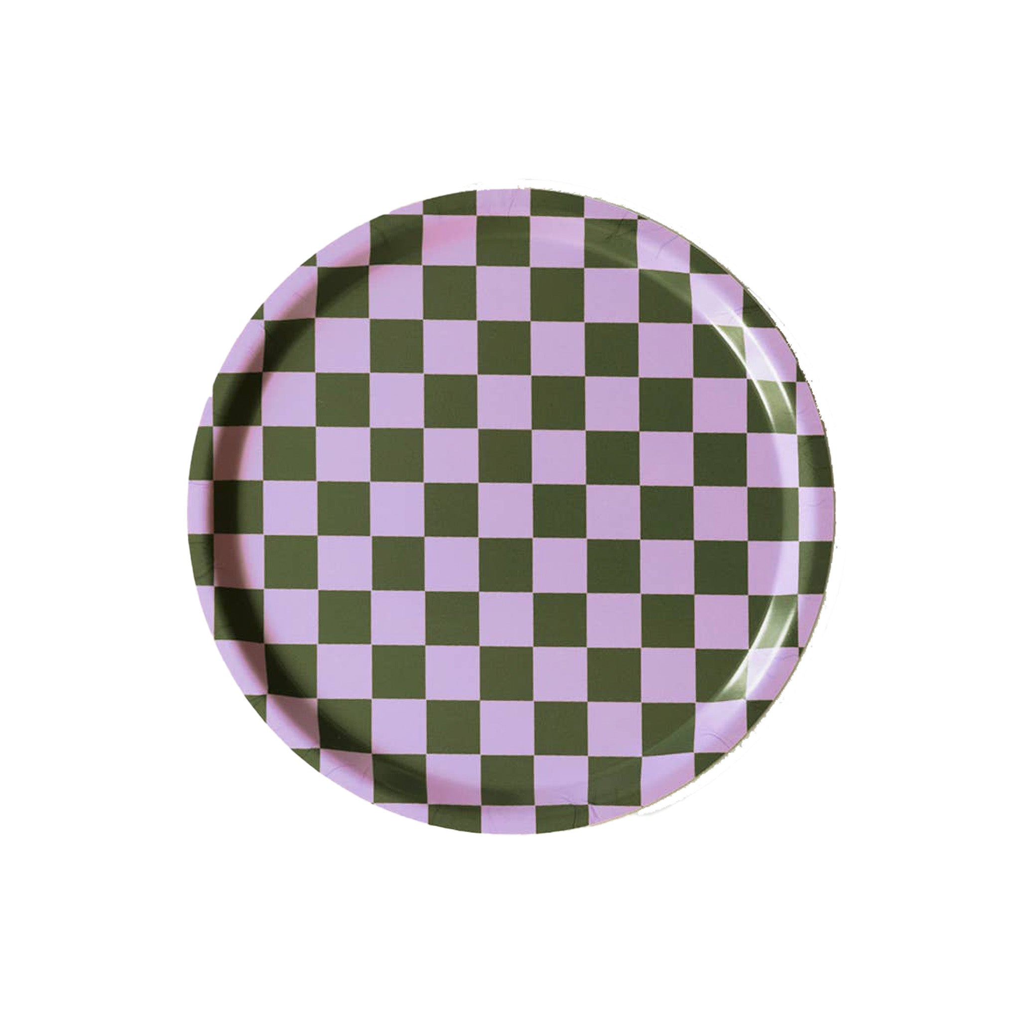 Blu Kat Checker Serving Tray in lilac and olive check pattern, available in two sizes (27 × 20 cm or 31 cm round). FSC-certified birch veneer, handcrafted in Sweden.