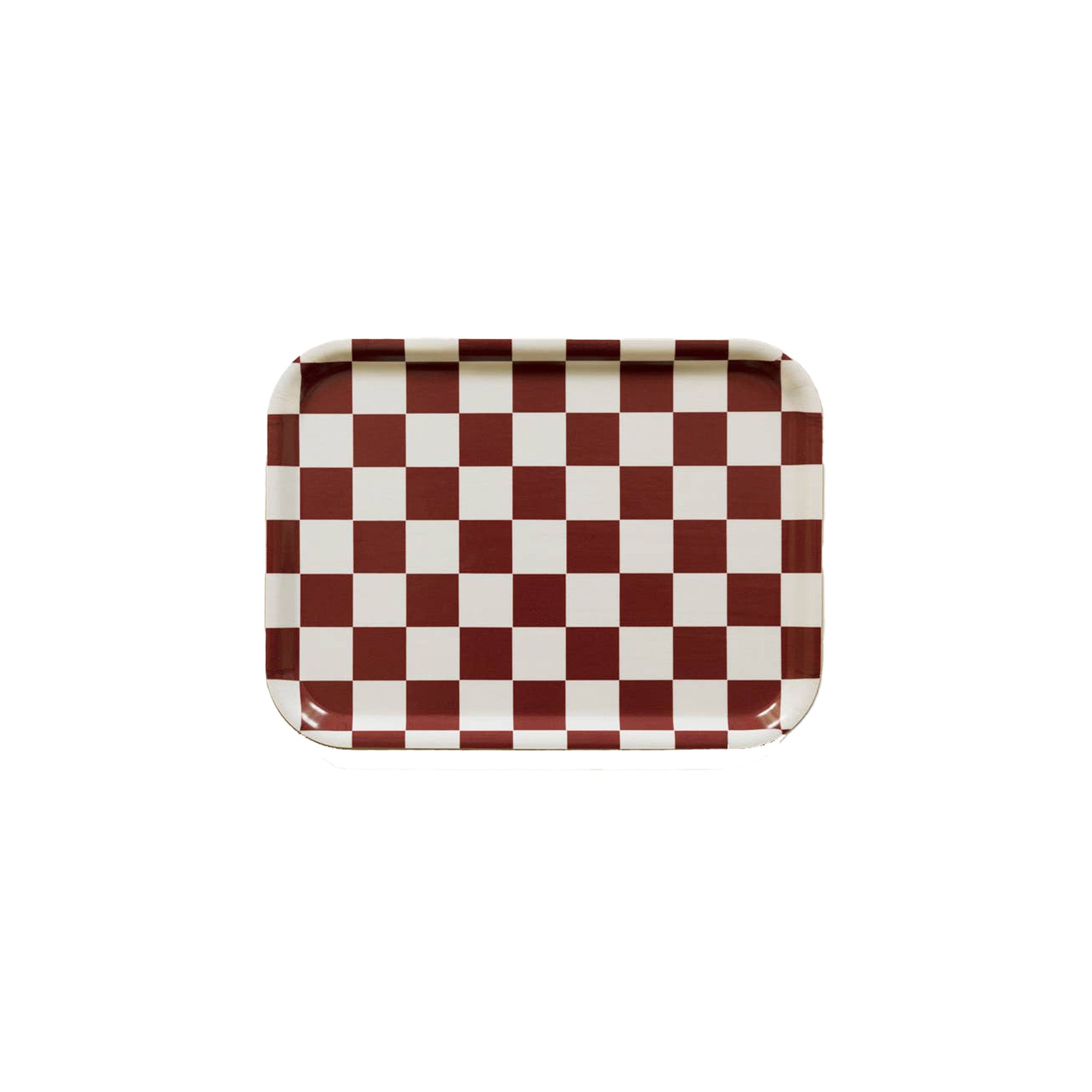 Blu Kat Checker Serving Tray, 27 × 20 cm, in burgundy and cream check pattern. FSC-certified birch veneer, handcrafted in Sweden.
