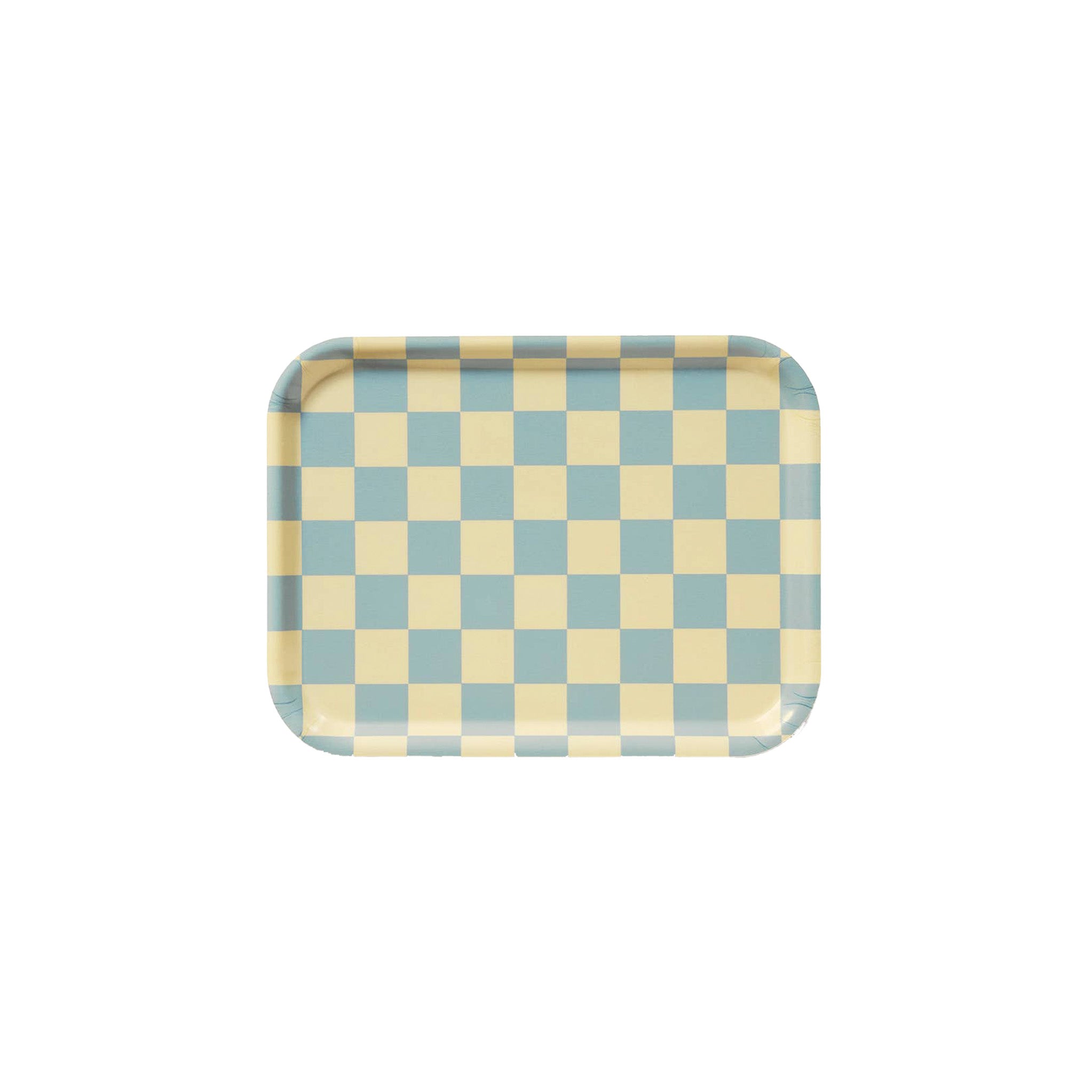 Blu Kat Checker Serving Tray, 27 × 20 cm, in lemon and seafoam check pattern. FSC-certified birch veneer, handcrafted in Sweden.