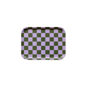 Blu Kat Checker Serving Tray in lilac and olive check pattern, available in two sizes (27 × 20 cm or 31 cm round). FSC-certified birch veneer, handcrafted in Sweden.