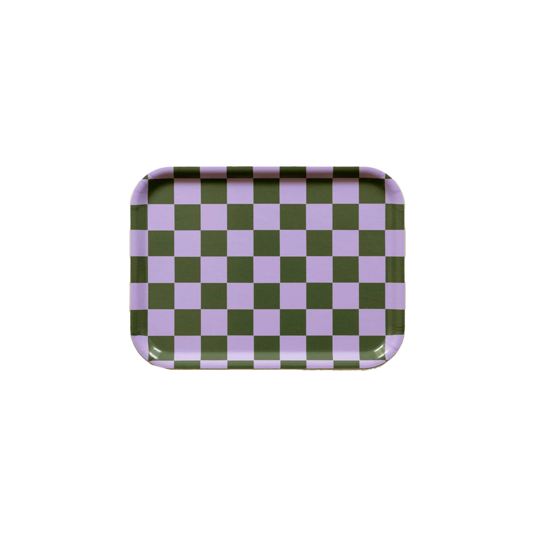 Blu Kat Checker Serving Tray in lilac and olive check pattern, available in two sizes (27 × 20 cm or 31 cm round). FSC-certified birch veneer, handcrafted in Sweden.