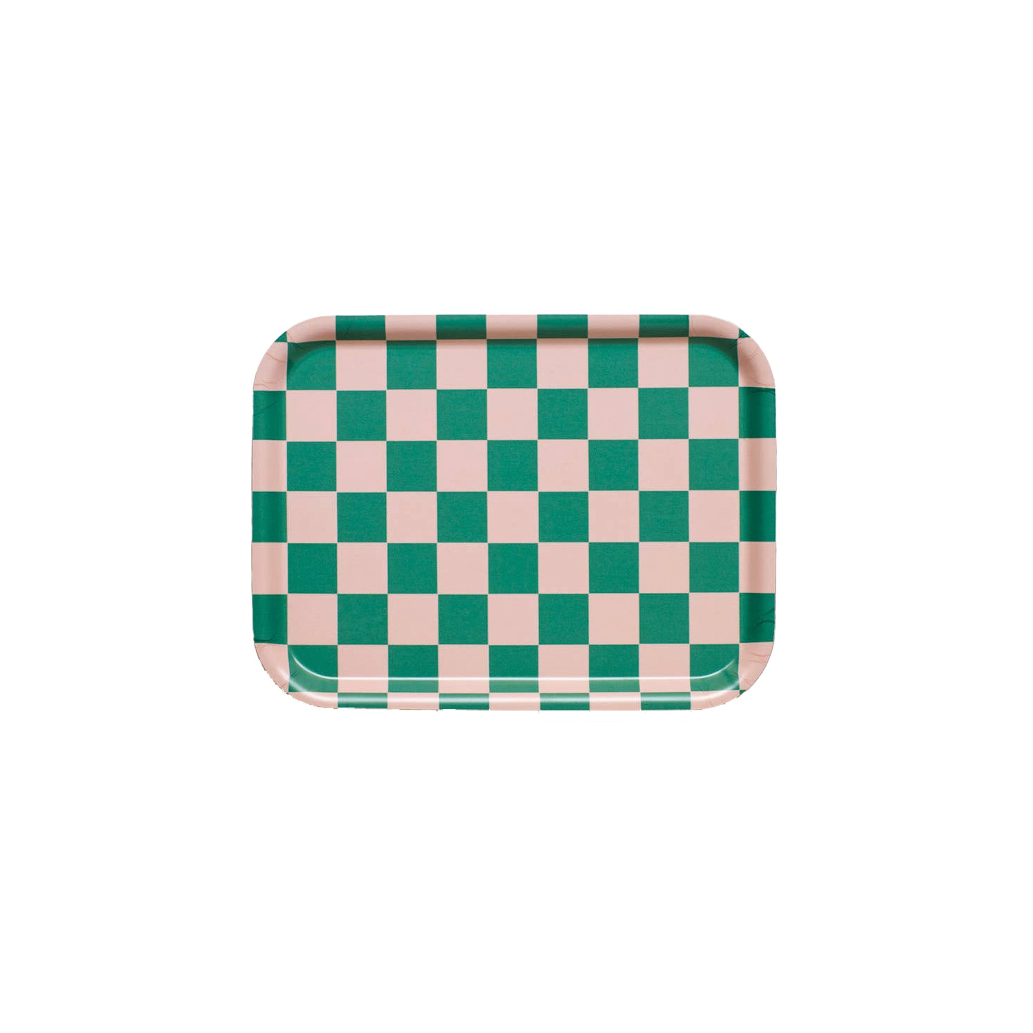 Kat Checker Serving Tray, 27 × 20 cm, in peach and tulip check pattern. FSC-certified birch veneer, handcrafted in Sweden.