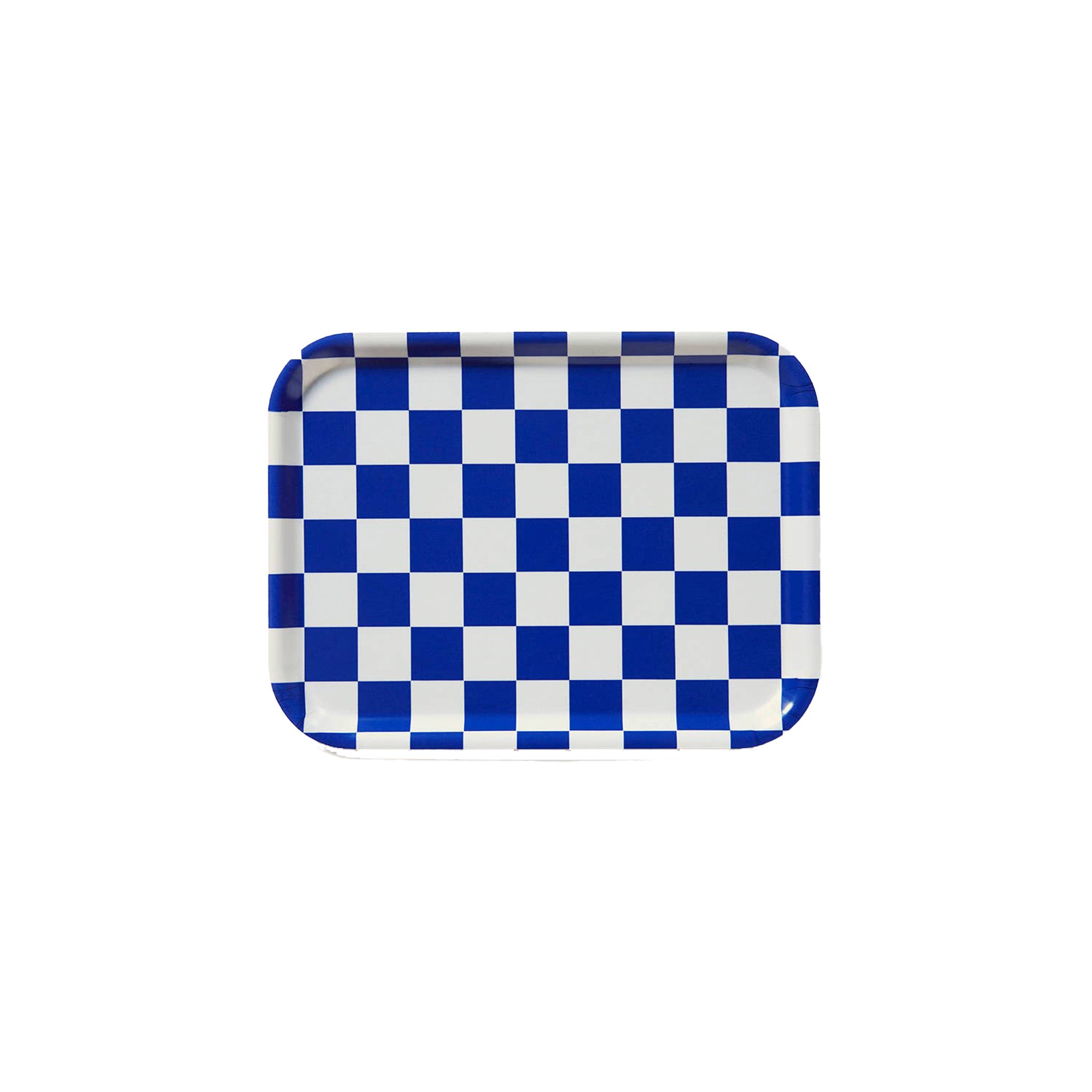 Blu Kat Checker Serving Tray, 27 × 20 cm, in cobalt blue and white check pattern. FSC-certified birch veneer, handcrafted in Sweden.