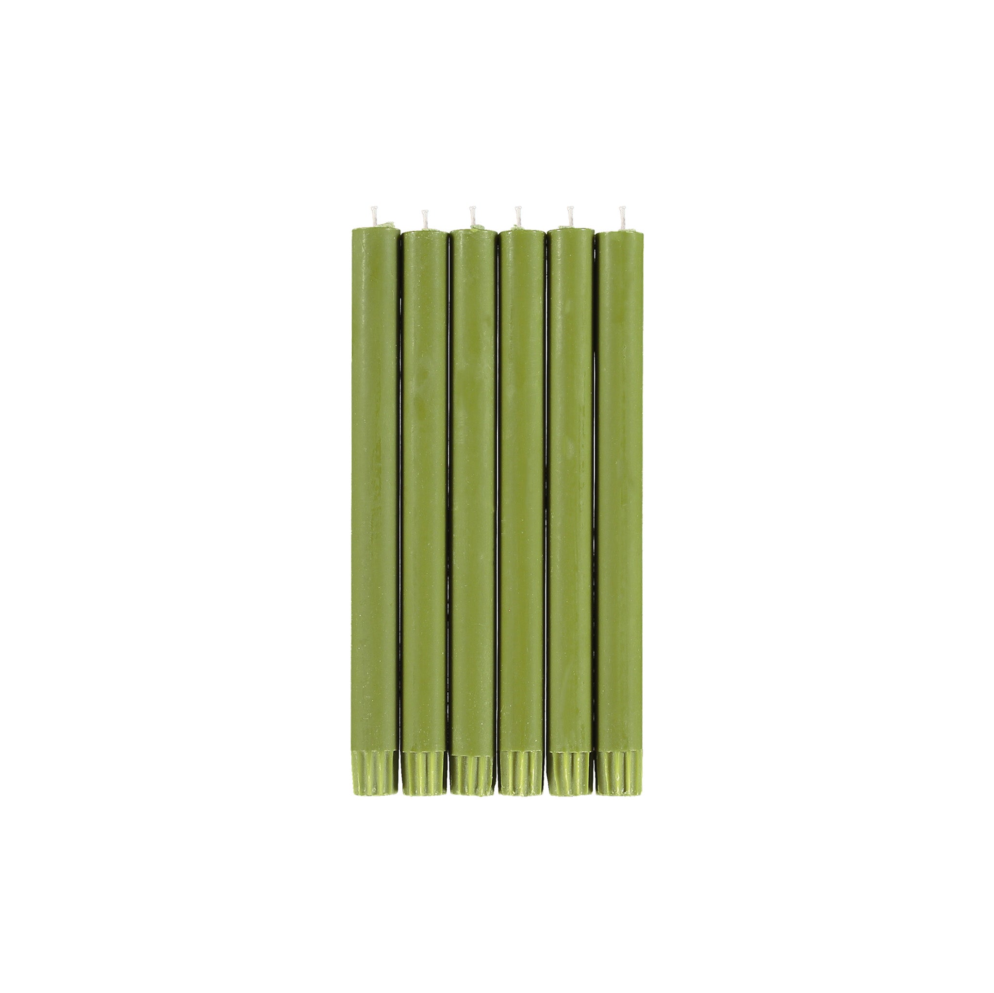 Set of 6 British Colour Standard Eco Dinner Candles in Olive, 10-inch hand-poured stearin tapers in recyclable gift box.