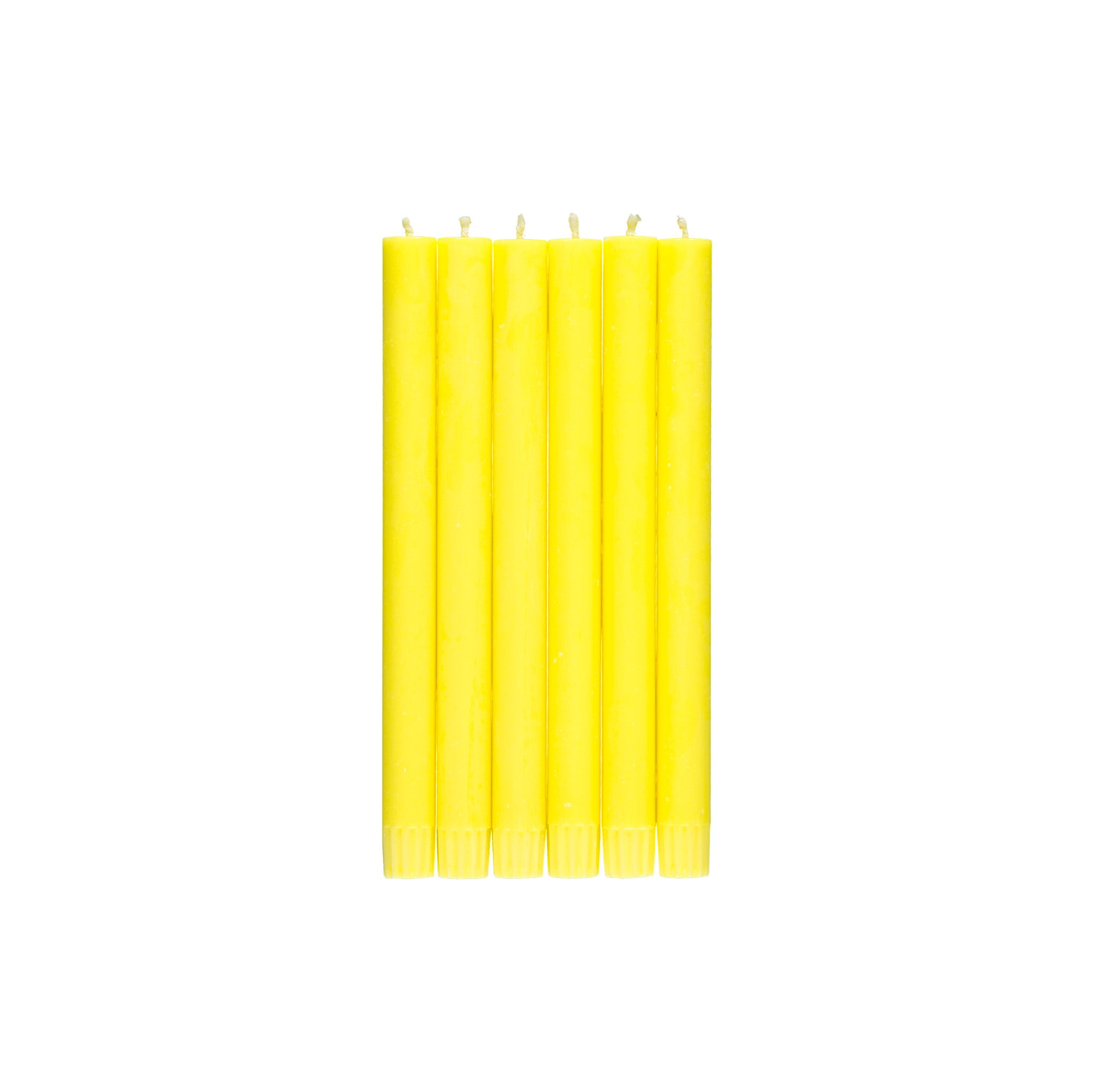 Set of 6 British Colour Standard Primrose Eco Dinner Candles. 10-inch Fair Trade stearin tapers in cheerful yellow, clean-burning, drip-free, gift boxed.