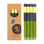 Set of 4 British Colour Standard Abstract Striped Eco Dinner Candles in assorted bold striped colorways. 10-inch Fair Trade stearin tapers, clean-burning, drip-free, gift boxed.