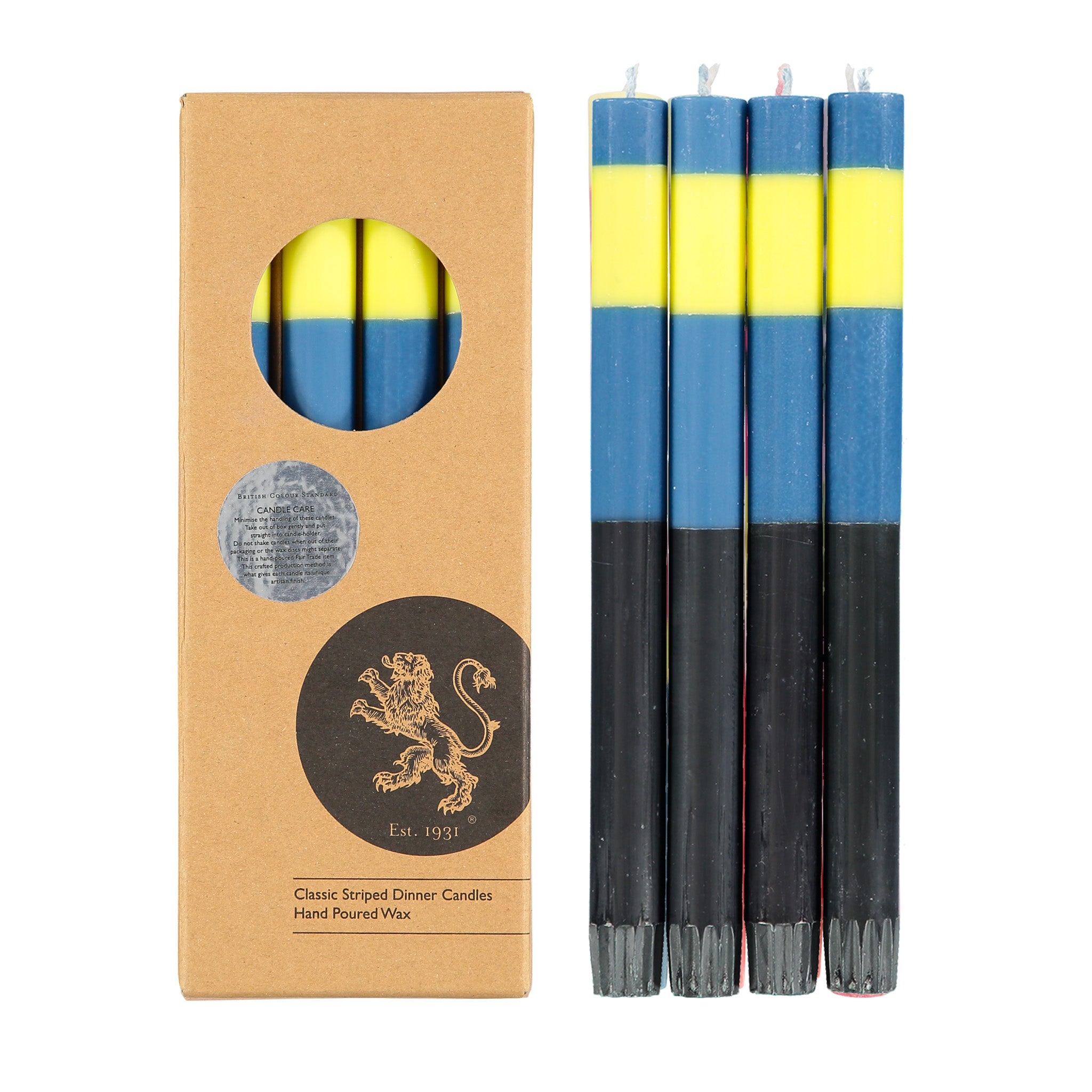 Set of 4 British Colour Standard Abstract Striped Eco Dinner Candles in assorted bold striped colorways. 10-inch Fair Trade stearin tapers, clean-burning, drip-free, gift boxed.