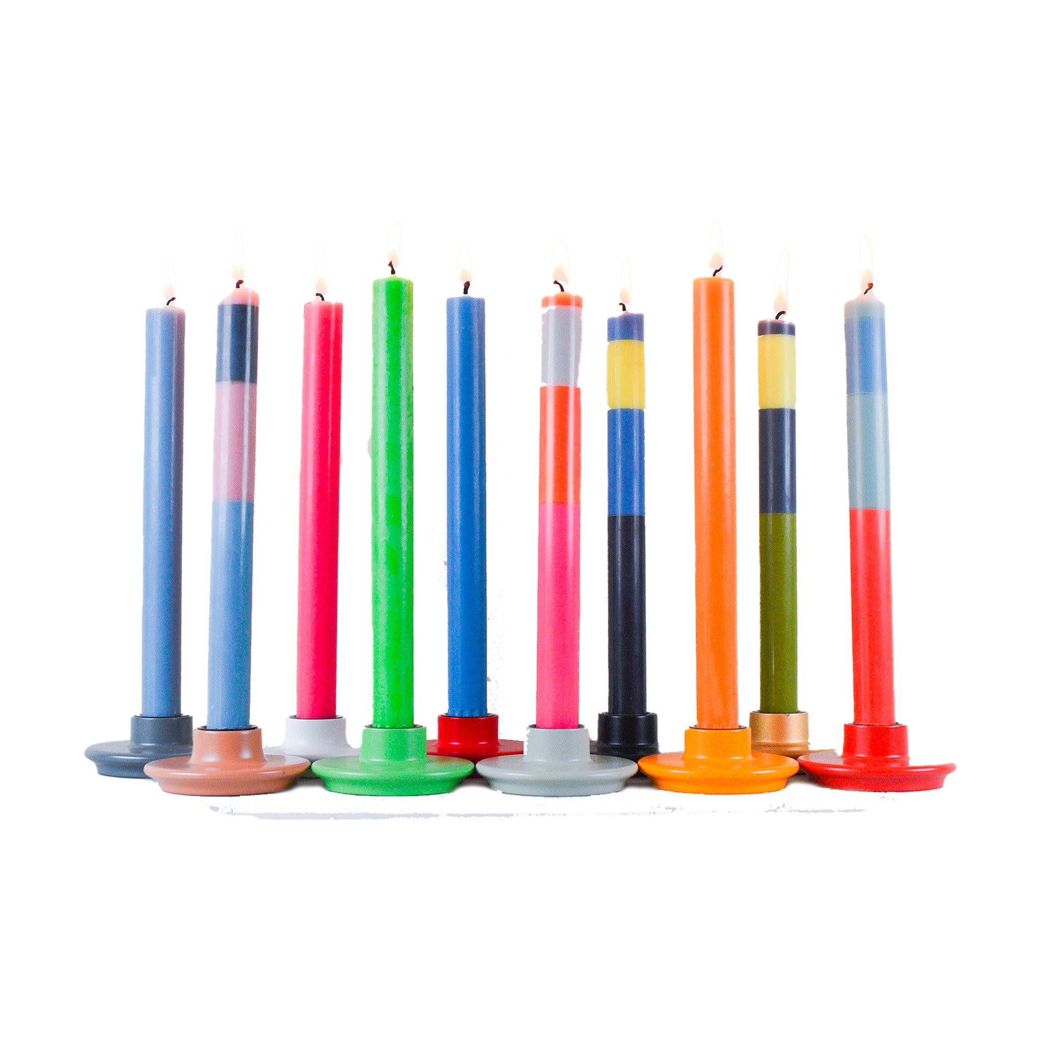 Set of 4 British Colour Standard Abstract Striped Eco Dinner Candles in assorted bold striped colorways. 10-inch Fair Trade stearin tapers, clean-burning, drip-free, gift boxed.