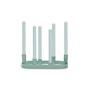 British Colour Standard Oval Metal Candelabra Ring in Opaline Green, handmade steel design holding six taper candles at staggered heights.