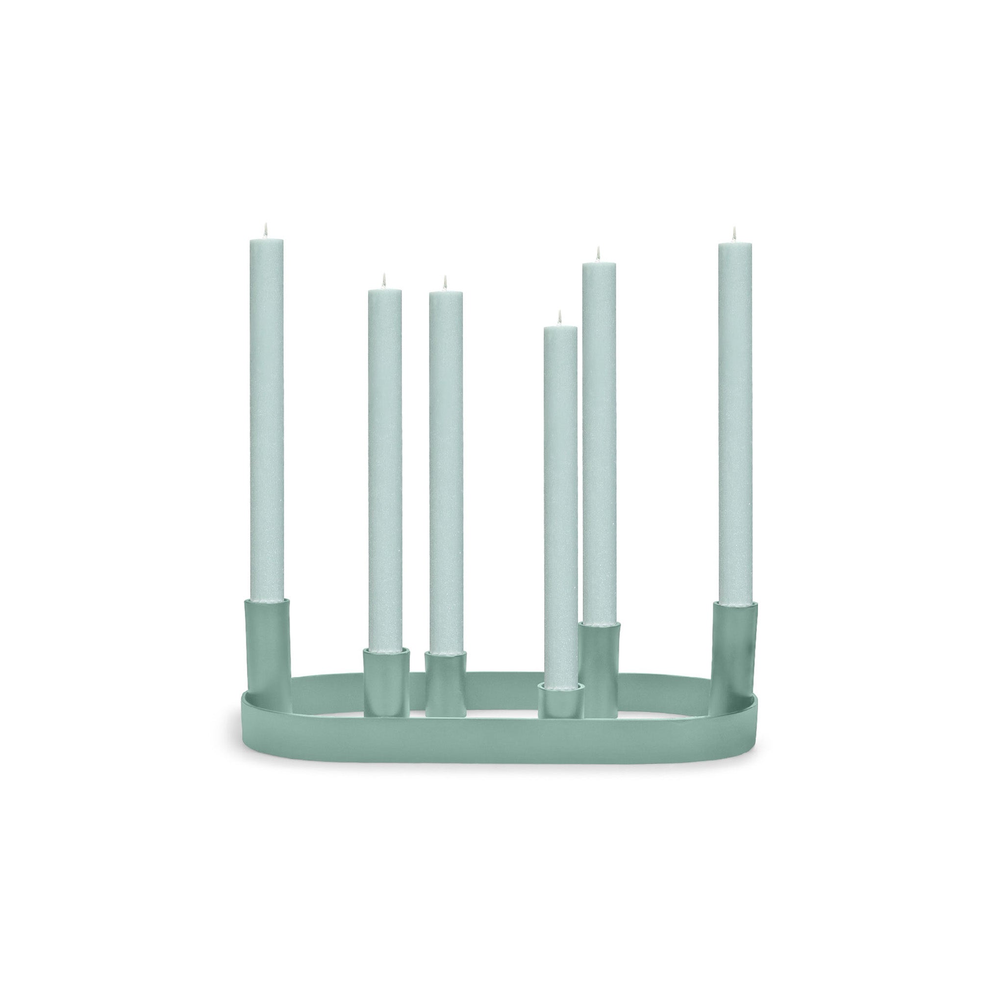 British Colour Standard Oval Metal Candelabra Ring in Opaline Green, handmade steel design holding six taper candles at staggered heights.