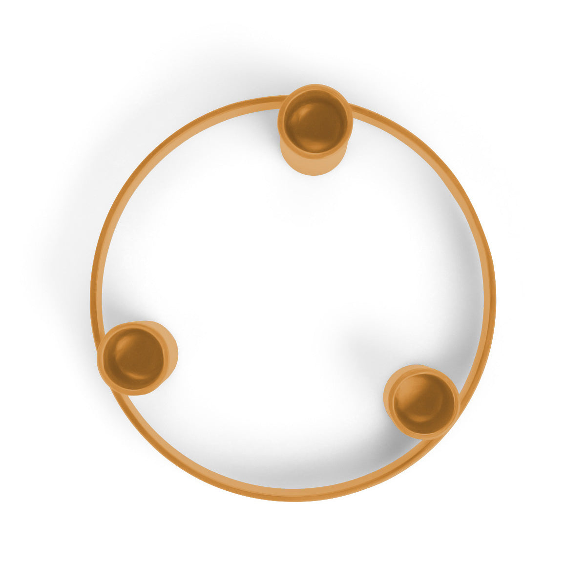 British Colour Standard Round Metal Candelabra Ring in Marigold, handmade steel design holding three taper candles at staggered heights, pictured with Saffron candles.