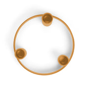 British Colour Standard Round Metal Candelabra Ring in Marigold, handmade steel design holding three taper candles at staggered heights, pictured with Saffron candles.