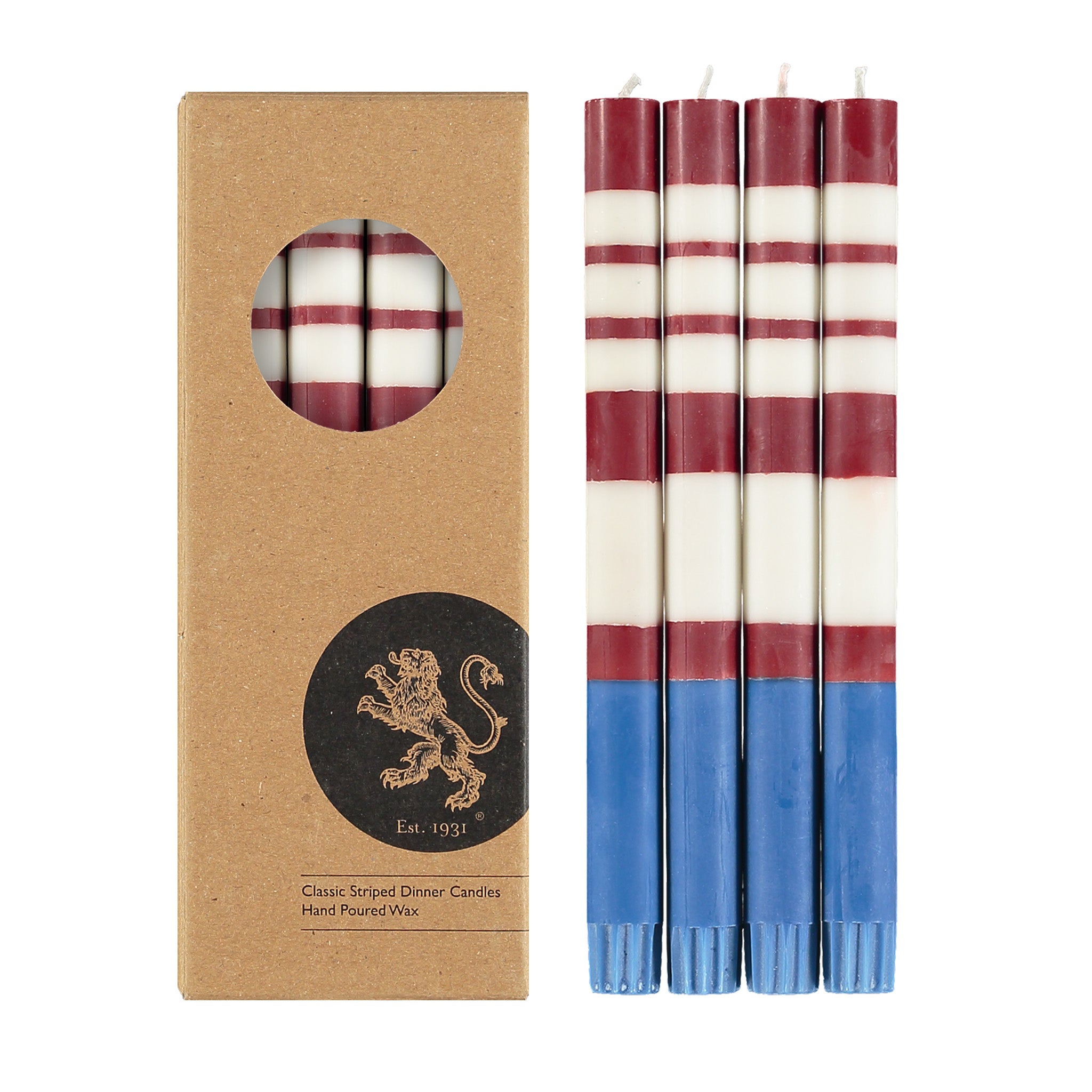 Set of 4 British Colour Standard Striped Eco Dinner Candles in Guardsman Red, Pearl & Royal Blue. 10-inch Fair Trade stearin tapers with bold primary stripes, clean-burning, drip-free, gift boxed.