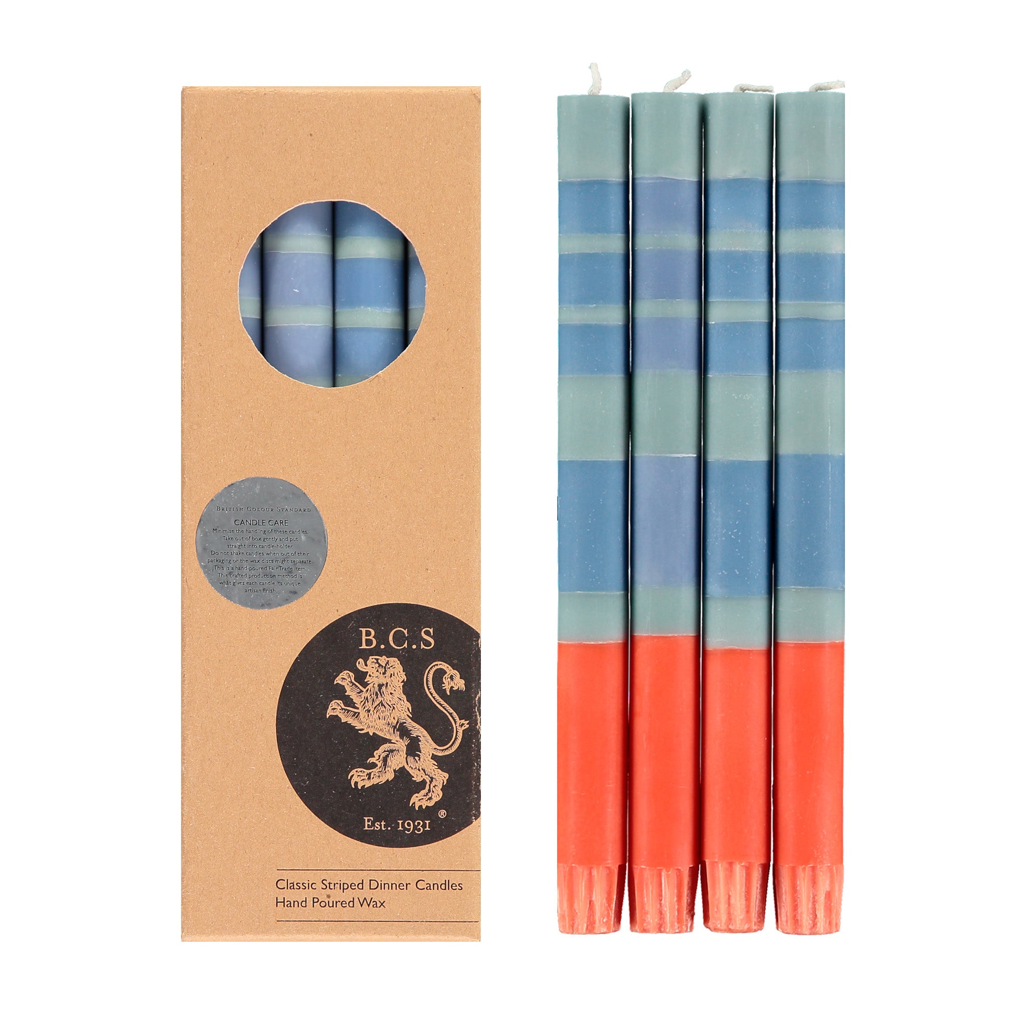 Set of 4 British Colour Standard Striped Eco Dinner Candles in Guardsman Red, Pearl & Royal Blue. 10-inch Fair Trade stearin tapers with bold primary stripes, clean-burning, drip-free, gift boxed.