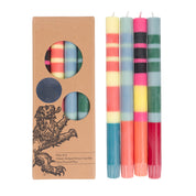Set of 4 British Colour Standard Striped Eco Dinner Candles in Guardsman Red, Pearl & Royal Blue. 10-inch Fair Trade stearin tapers with bold primary stripes, clean-burning, drip-free, gift boxed.