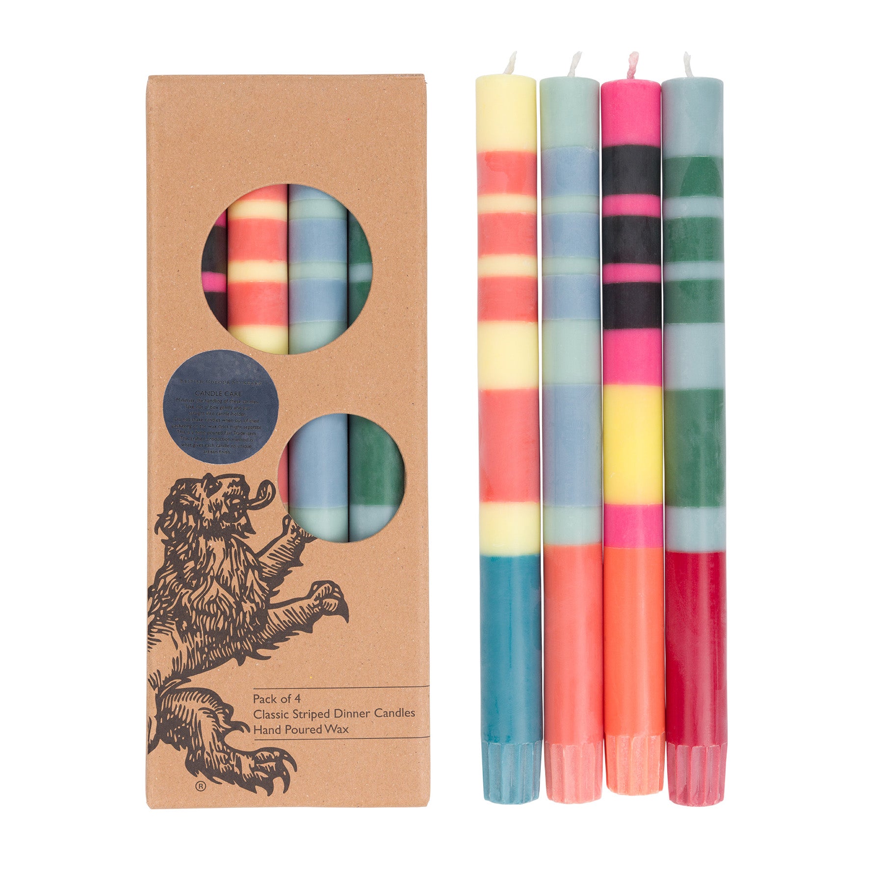 Set of 4 British Colour Standard Striped Eco Dinner Candles in Guardsman Red, Pearl & Royal Blue. 10-inch Fair Trade stearin tapers with bold primary stripes, clean-burning, drip-free, gift boxed.