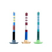 Set of 4 British Colour Standard Striped Eco Dinner Candles in Guardsman Red, Pearl & Royal Blue. 10-inch Fair Trade stearin tapers with bold primary stripes, clean-burning, drip-free, gift boxed.