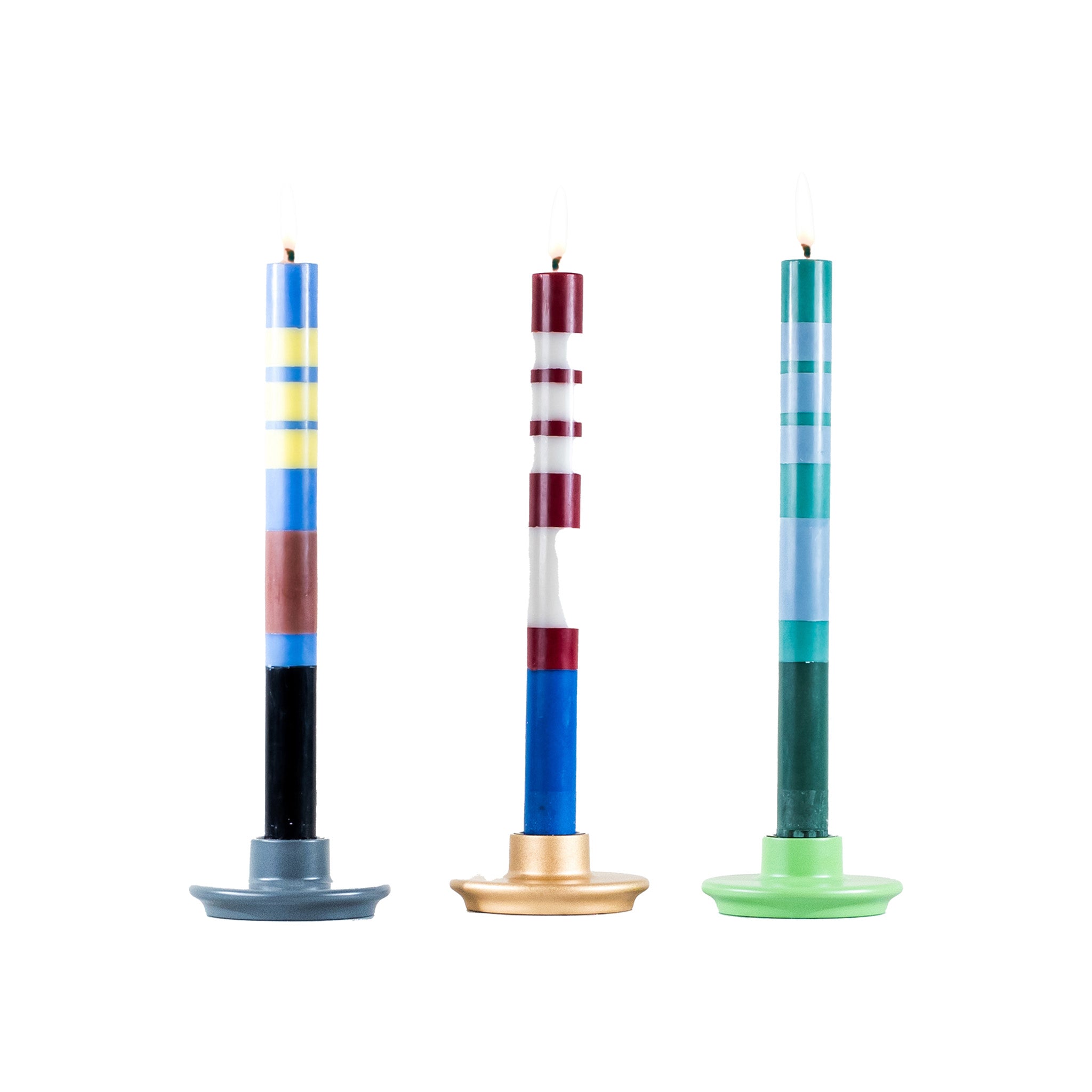 Set of 4 British Colour Standard Striped Eco Dinner Candles in Guardsman Red, Pearl & Royal Blue. 10-inch Fair Trade stearin tapers with bold primary stripes, clean-burning, drip-free, gift boxed.