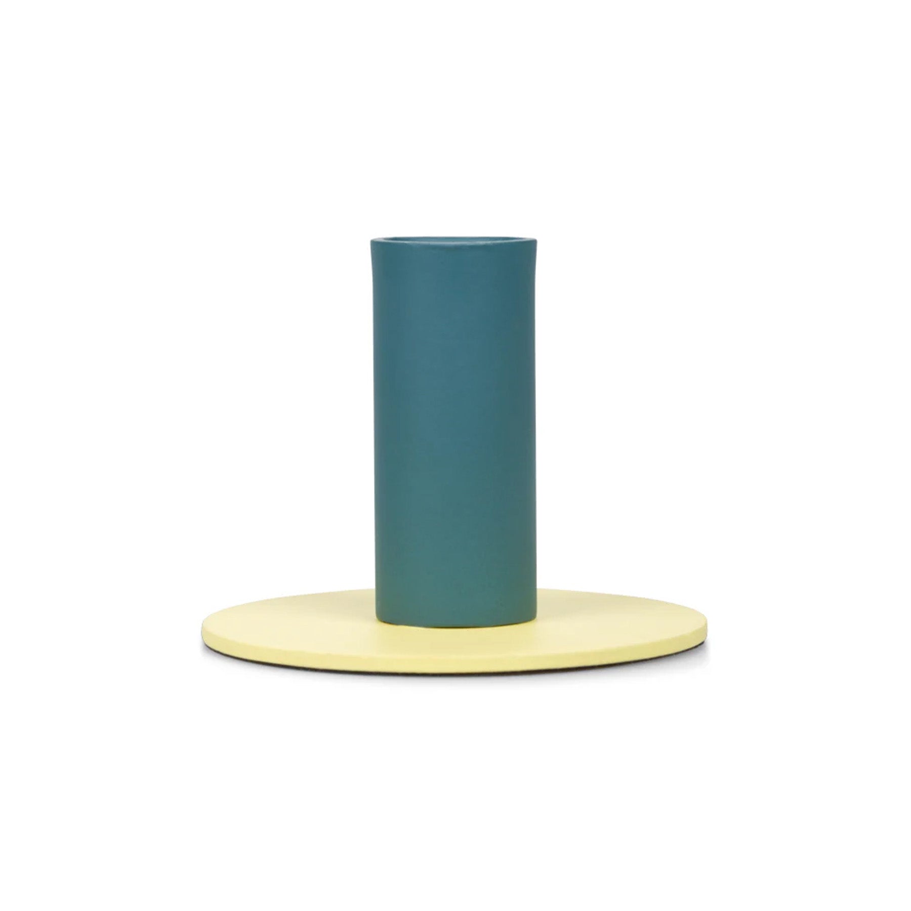 Tall Two-Tone Candleholder in Petrol Blue & Jasmine by British Colour Standard. Handmade recyclable steel with protective base pad, fits Eco Dinner Candles or tapers, Coastal Contrast design.
