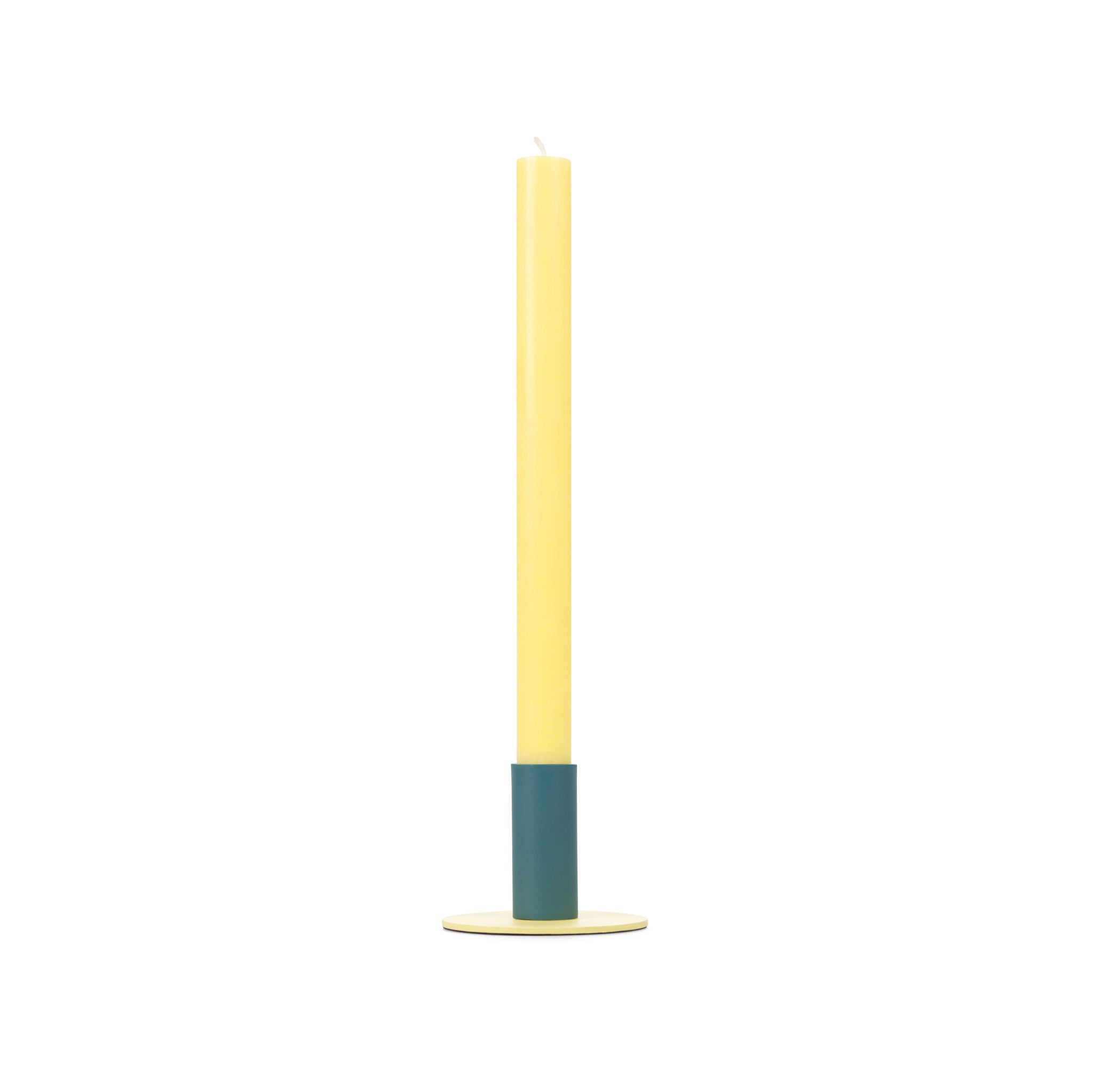 Tall Two-Tone Candleholder in Petrol Blue & Jasmine by British Colour Standard. Handmade recyclable steel with protective base pad, fits Eco Dinner Candles or tapers, Coastal Contrast design.