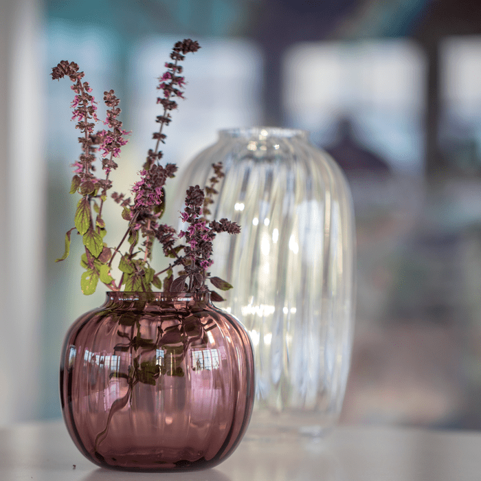 Small Danish Holmegaard Primula Vase by Jacob E. Bang, 4.9-inch mouth-blown glass with fluted pattern, in Plum.