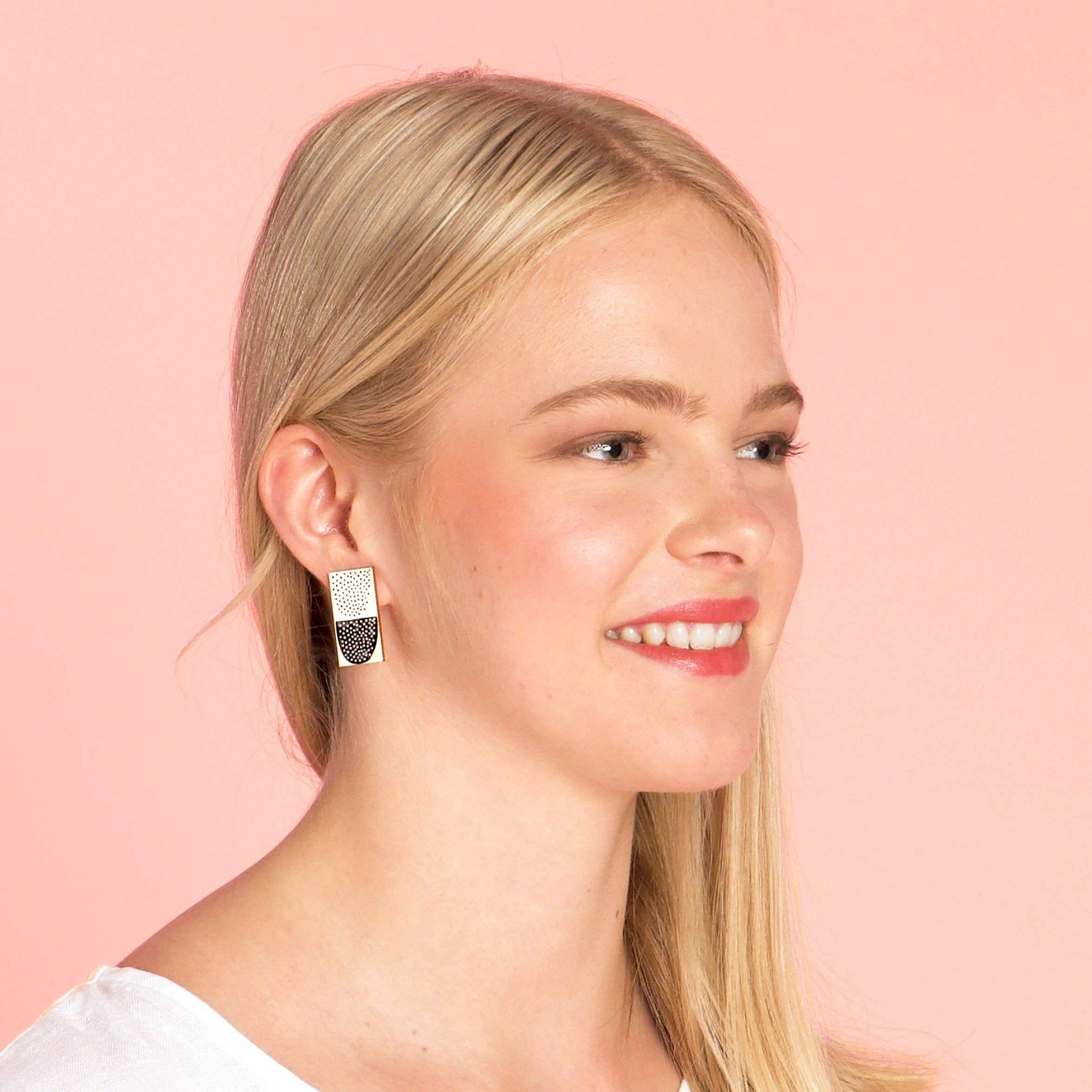 Kauniste Sokeri Big Earrings in black and white polka-dot birch veneer, handmade in Finland.