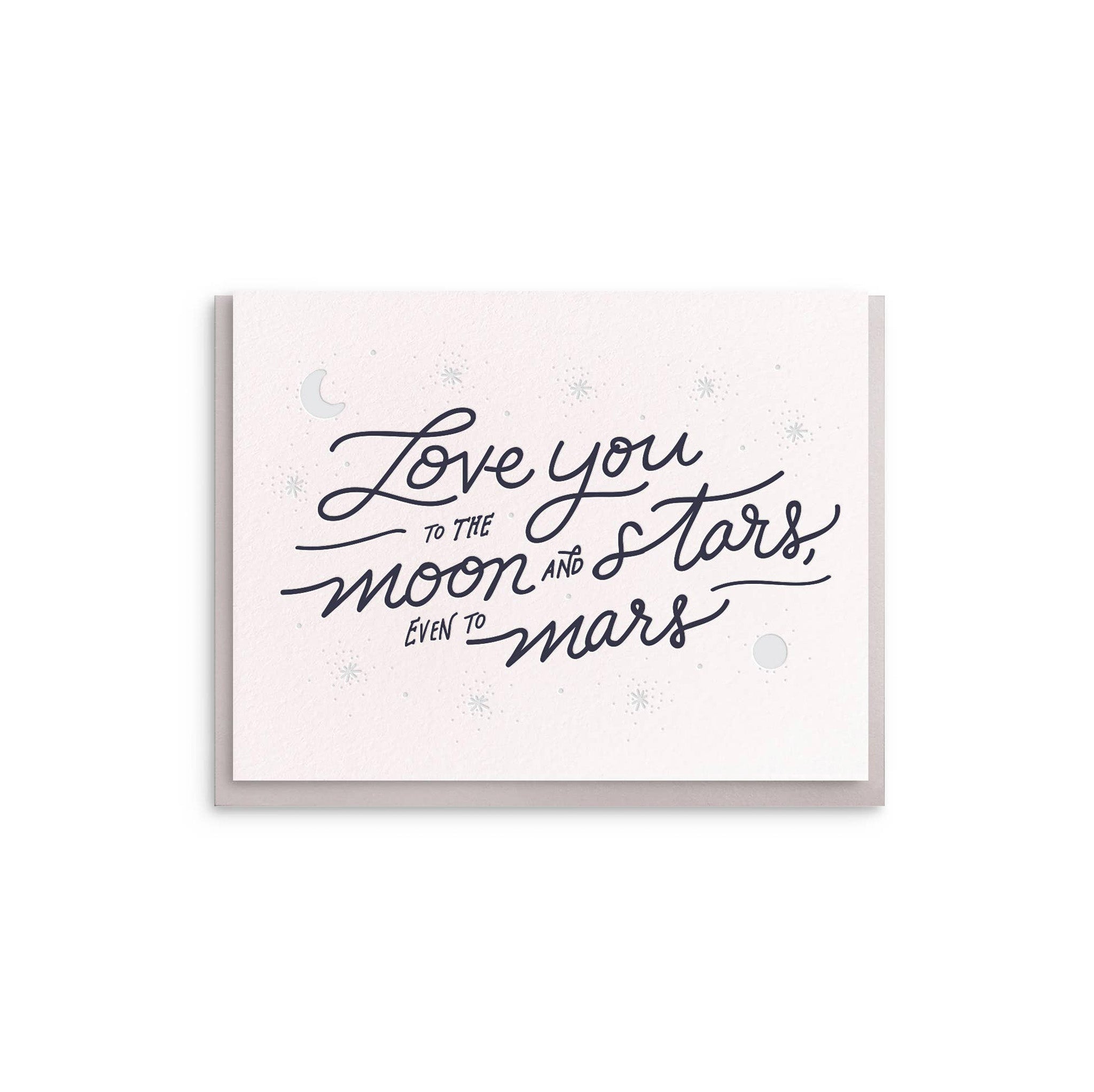 Dahlia Press Moon & Stars Love Greeting Card with hand-illustrated celestial design. Letterpress printed on cotton paper, blank inside, 4.25 × 5.5", envelope included.