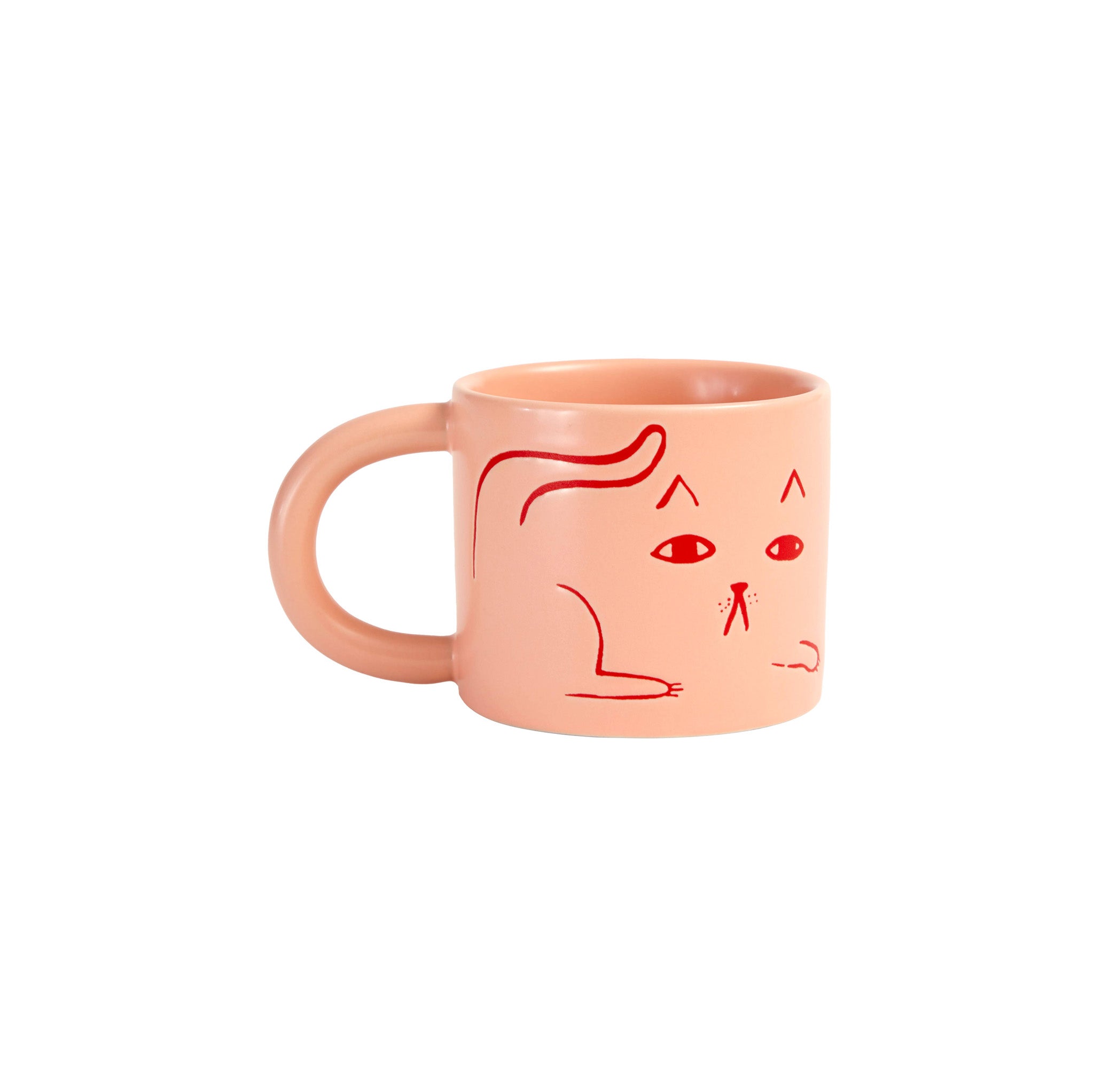 Donna Wilson candy-pink ceramic Cat Mug with debossed cat images, tactile coffee or tea mug.