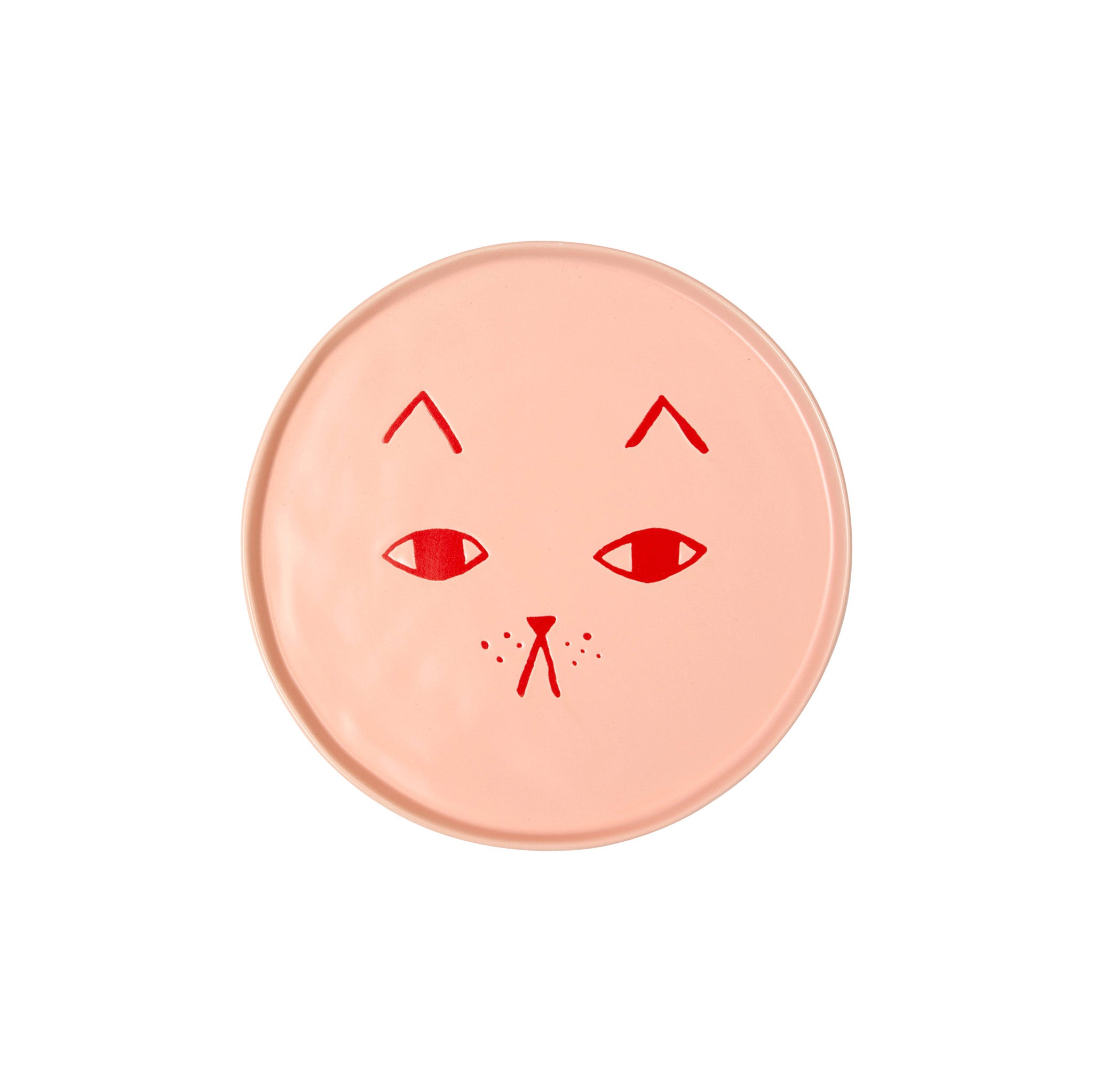 Donna Wilson Cat Side Plate in candy-pink ceramic with glazed cat face, playful plate for serving snacks or hanging as wall art.
