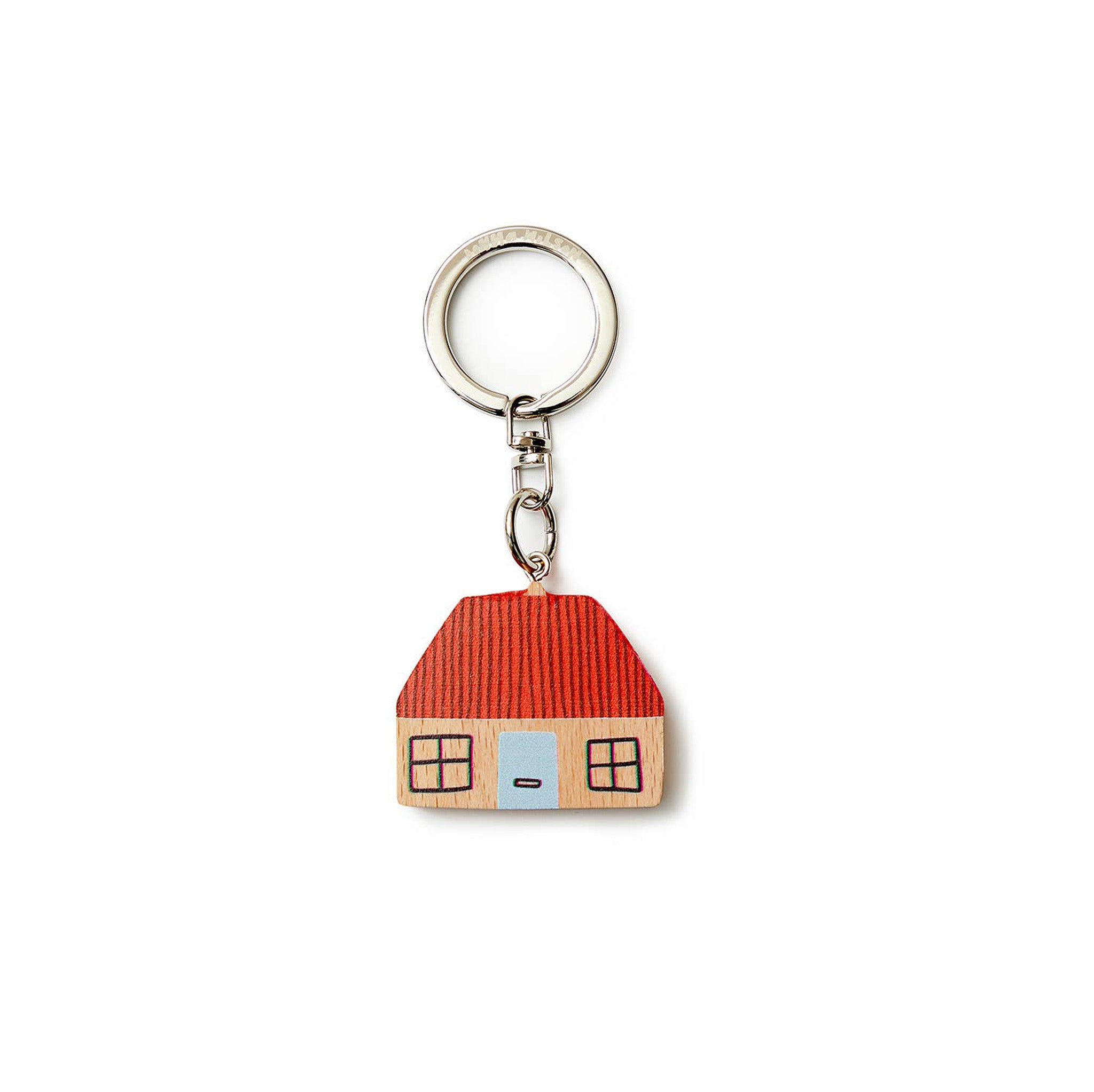 Donna Wilson House Keyring in FSC wood, house-shaped design with metal ring. Fun and durable key charm—pairs perfectly with the Leaf Keyring.