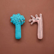 Donna Wilson Trees baby rattles set of 2, organic cotton knitted tree toys for newborns and babies.