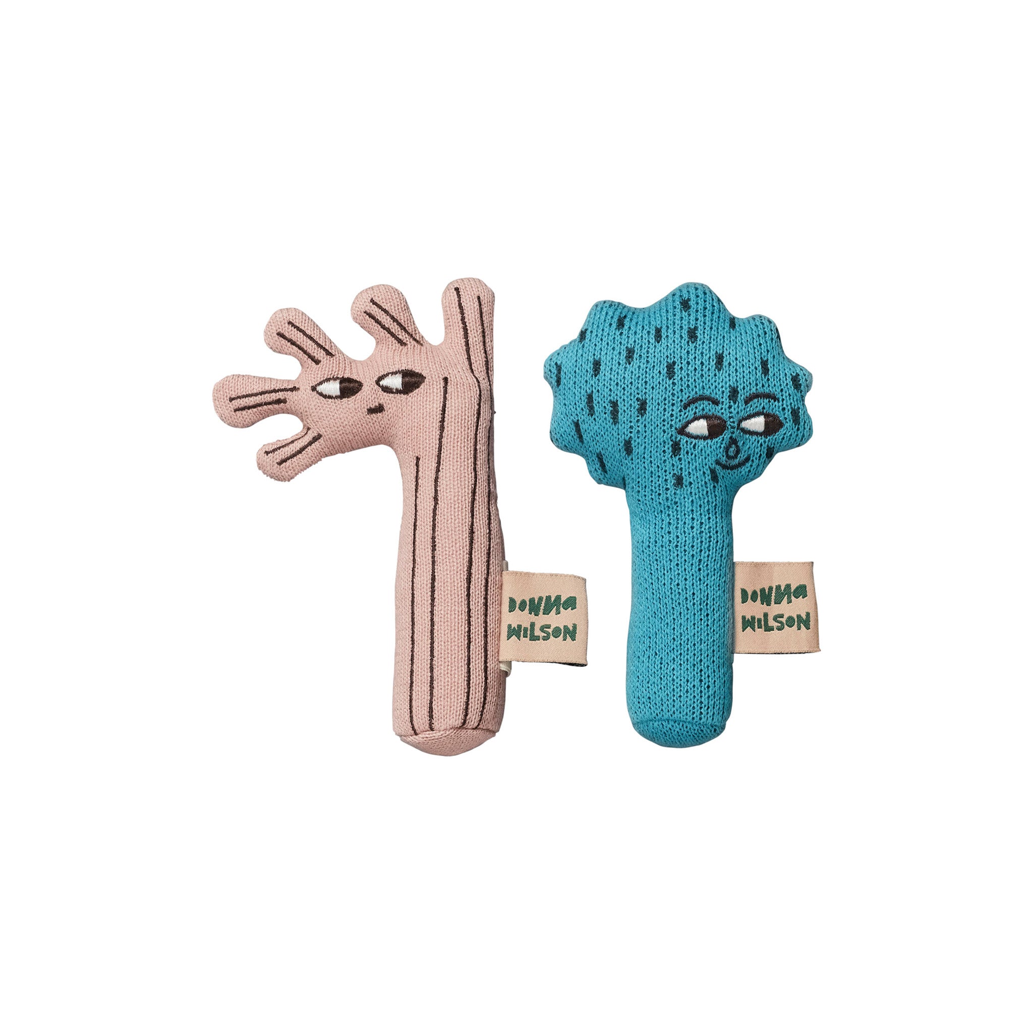 Donna Wilson Trees baby rattles set of 2, organic cotton knitted tree toys for newborns and babies.