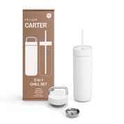 Fellow Carter 2-in-1 Chill Set in matte white, 16 oz insulated tumbler with straw lid and ceramic interior, gift-boxed.