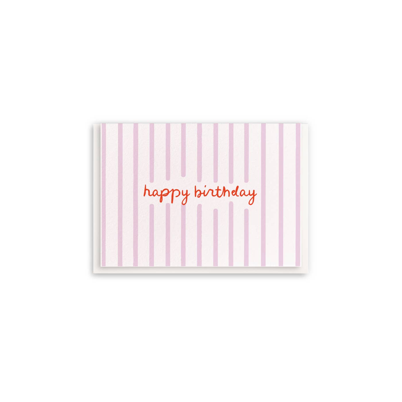 Dahlia Press Birthday Stripes Enclosure Card with pink vertical stripes and red “happy birthday” text. Mini card, 2.5 × 3.5", blank inside, envelope included.