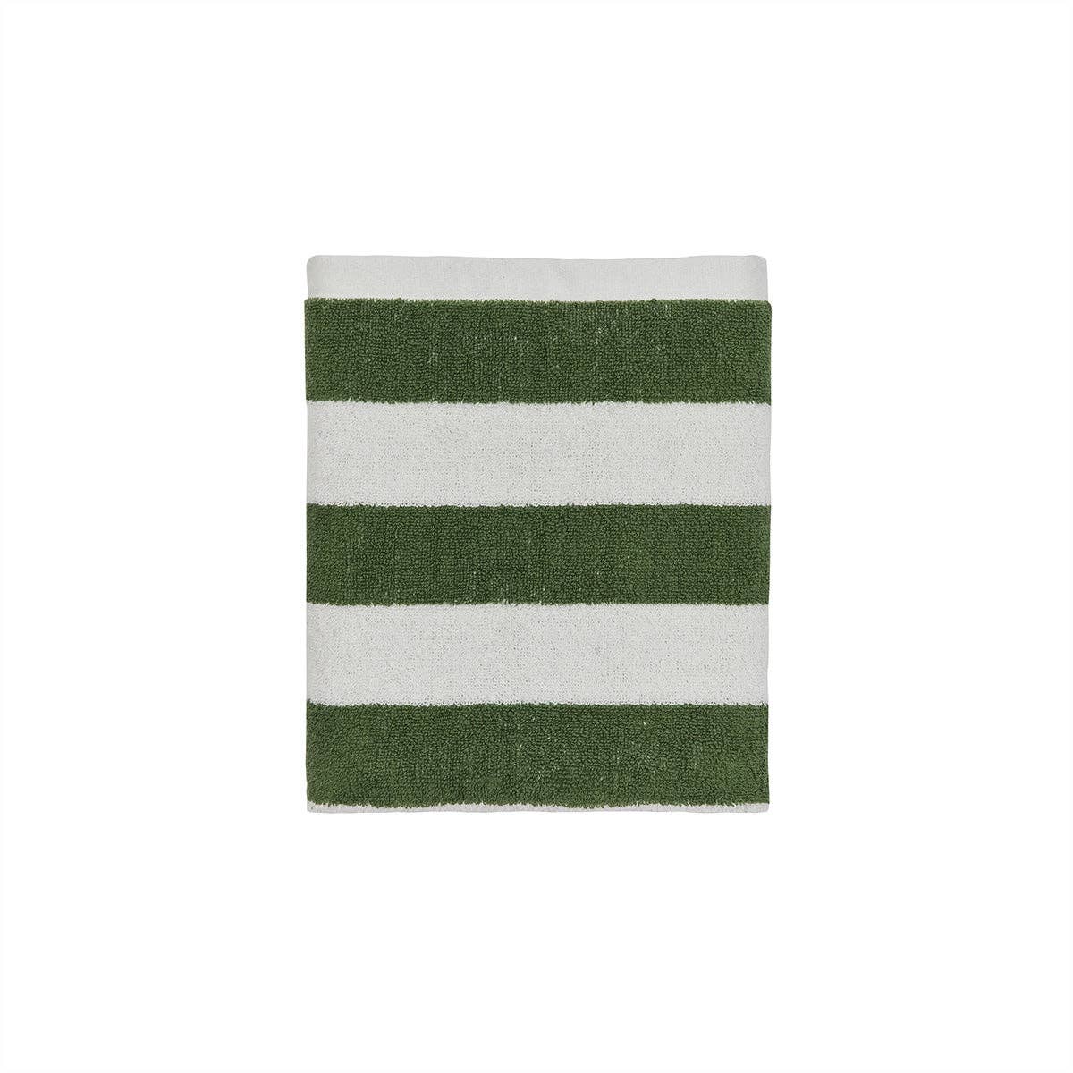 OYOY Raita Mini Towel in green stripes, organic cotton hand towel for bathroom, kitchen, or guest use.