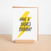 Worthwhile Paper Badass Birthday Card with bold lightning bolt design. Eco-friendly handmade card, A2 size, blank inside, recycled paper envelope.
