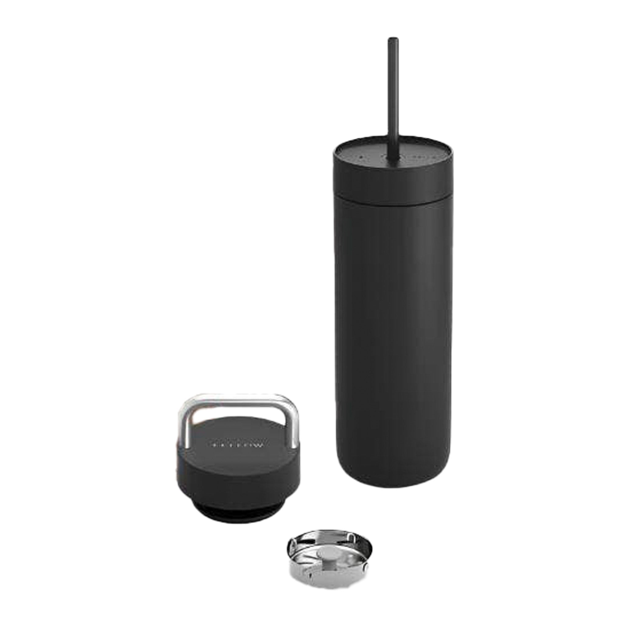 Fellow Carter 2-in-1 Chill Set in matte black, 16 oz insulated tumbler with straw lid and ceramic interior, gift-boxed.